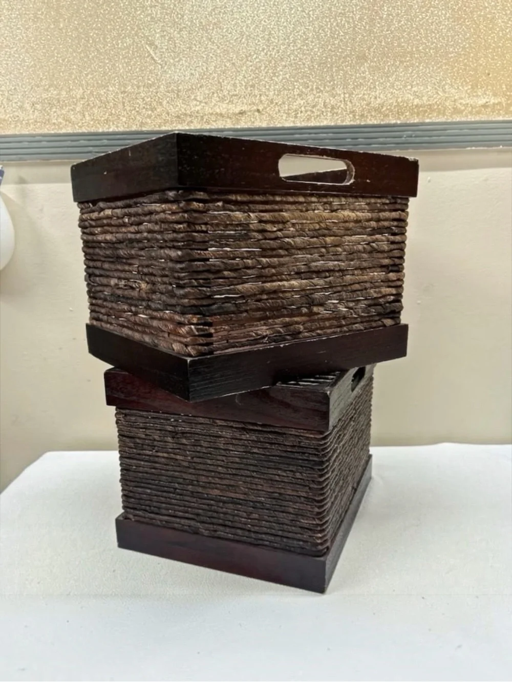 Vintage Set 2 Wood Storage Crates Woven Twine Baskets Rustic Farmhouse Decor